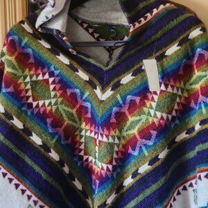 Vintage Alpaca Navajo like Poncho / shawl w/ Hood!  Gorgeous Colours Handwoven